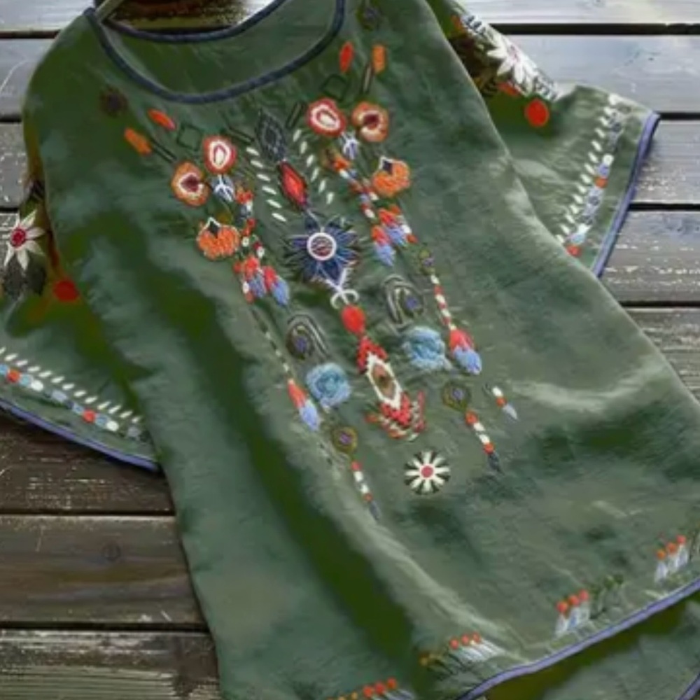 Green Embellished Boxy Blouse with Embroidery